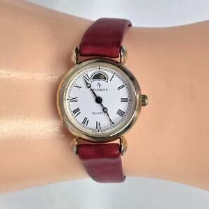 PEUGEOT VINTAGE MOON‑PHASE QUARTZ WATCH – RED LEATHER STRAP – JAPAN MOVT